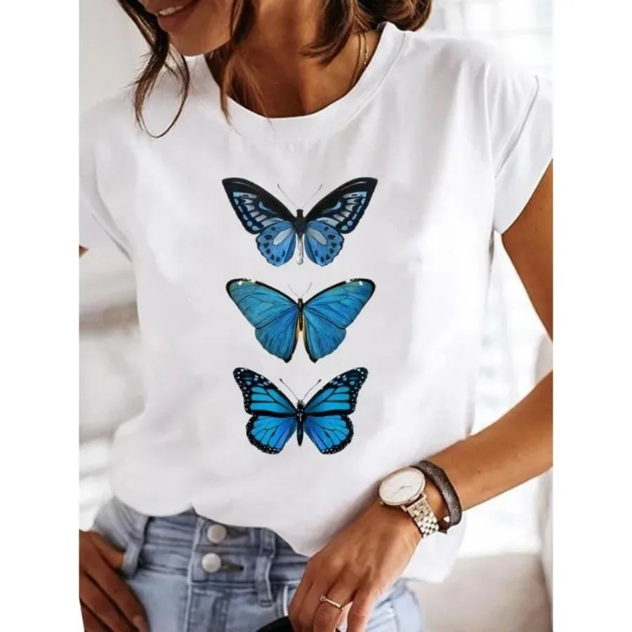 【New Arrival】Women's White Dragonfly Print Tee Let It Be Summer Casual Top