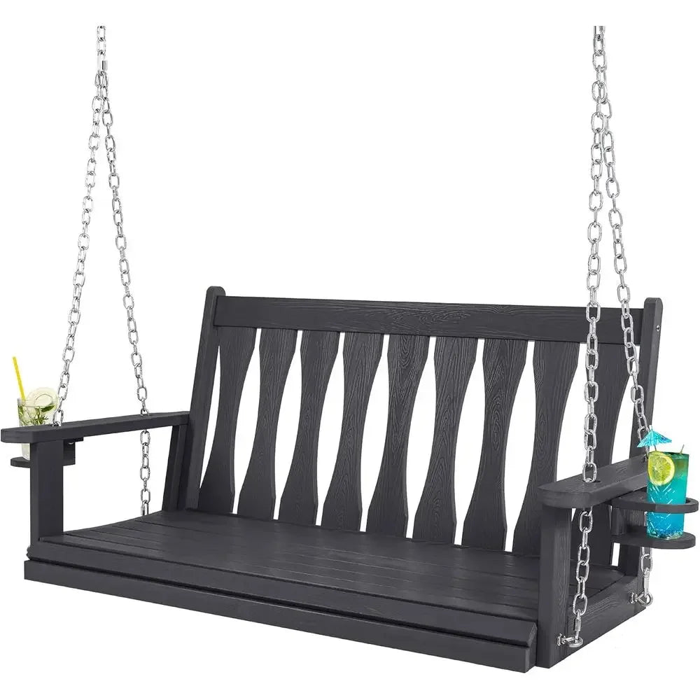 All-Weather 2-Seat Porch Swing with Cup Holders, Patio Swing Bench for Garden and Courtyard