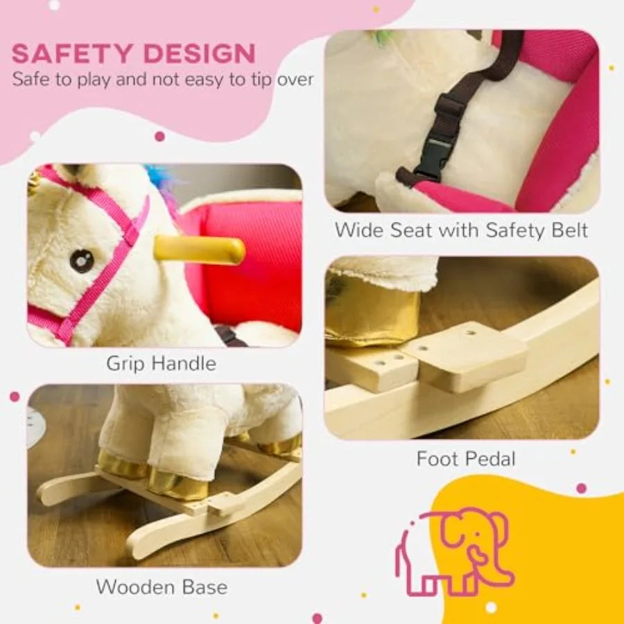 Rocking Horse, Ride on Unicorn with Realistic Sounds, Safety Belt and Wooden Base, Plush Animal Rocker for Toddlers -36 Months,