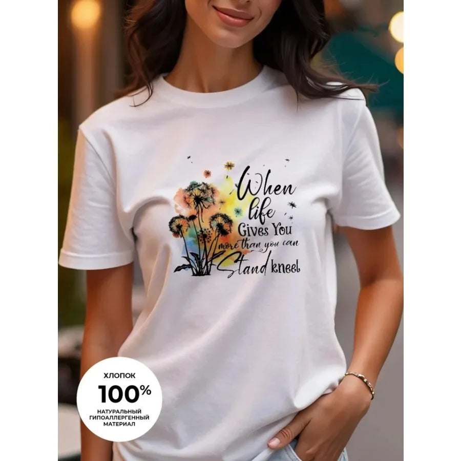 【New Arrival】Dandelion Butterfly Watercolor Print T-Shirt Women's Summer Cotton Casual Top