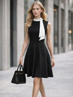 Tie A-line Midi Dress Vintage Women Dress Mid Sleeveless V Neck Waist Tie Swing Office Business Summer
