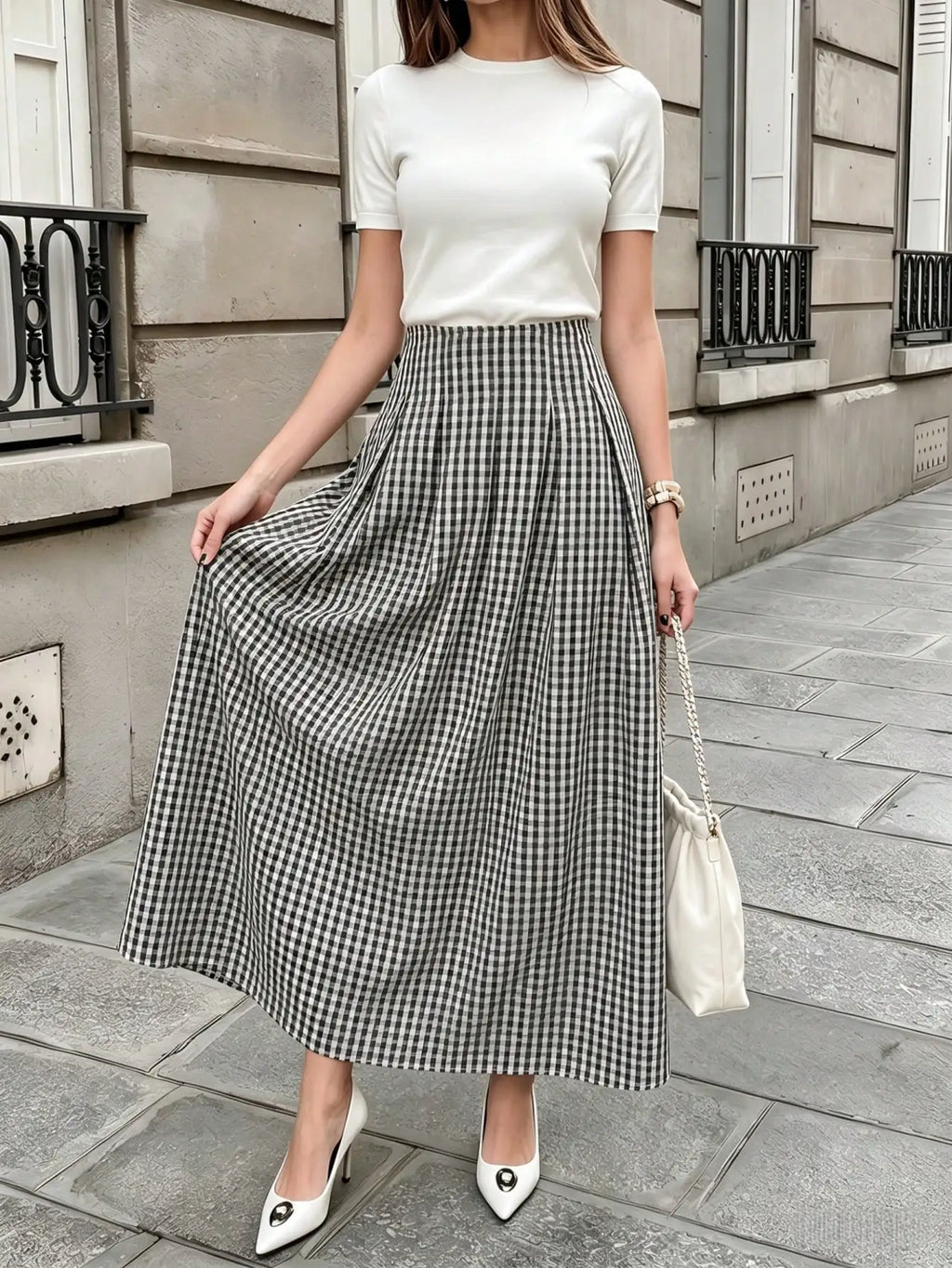 Pariaura 1960s Vintage Black And White Checkered High Waist Maxi Skirt,Summer Holiday Vacation Elegant Pleated A-Line Hem Draped French Gingham Chic Skirt