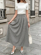 Pariaura 1960s Vintage Black And White Checkered High Waist Maxi Skirt,Summer Holiday Vacation Elegant Pleated A-Line Hem Draped French Gingham Chic Skirt