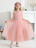 Wedding Flower Girl Dress, One Shoulder Ruched Tulle Gown, A-Line Princess Dress with Rhinestone Waist for Girls Junior Bridesmaid
