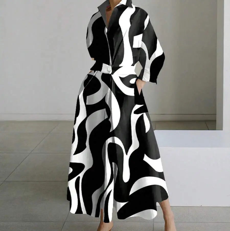 White V-Neck Long Sleeve Loose A-Line Shirt Dress Women Casual Elegant Midi