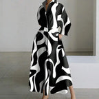 White V-Neck Long Sleeve Loose A-Line Shirt Dress Women Casual Elegant Midi