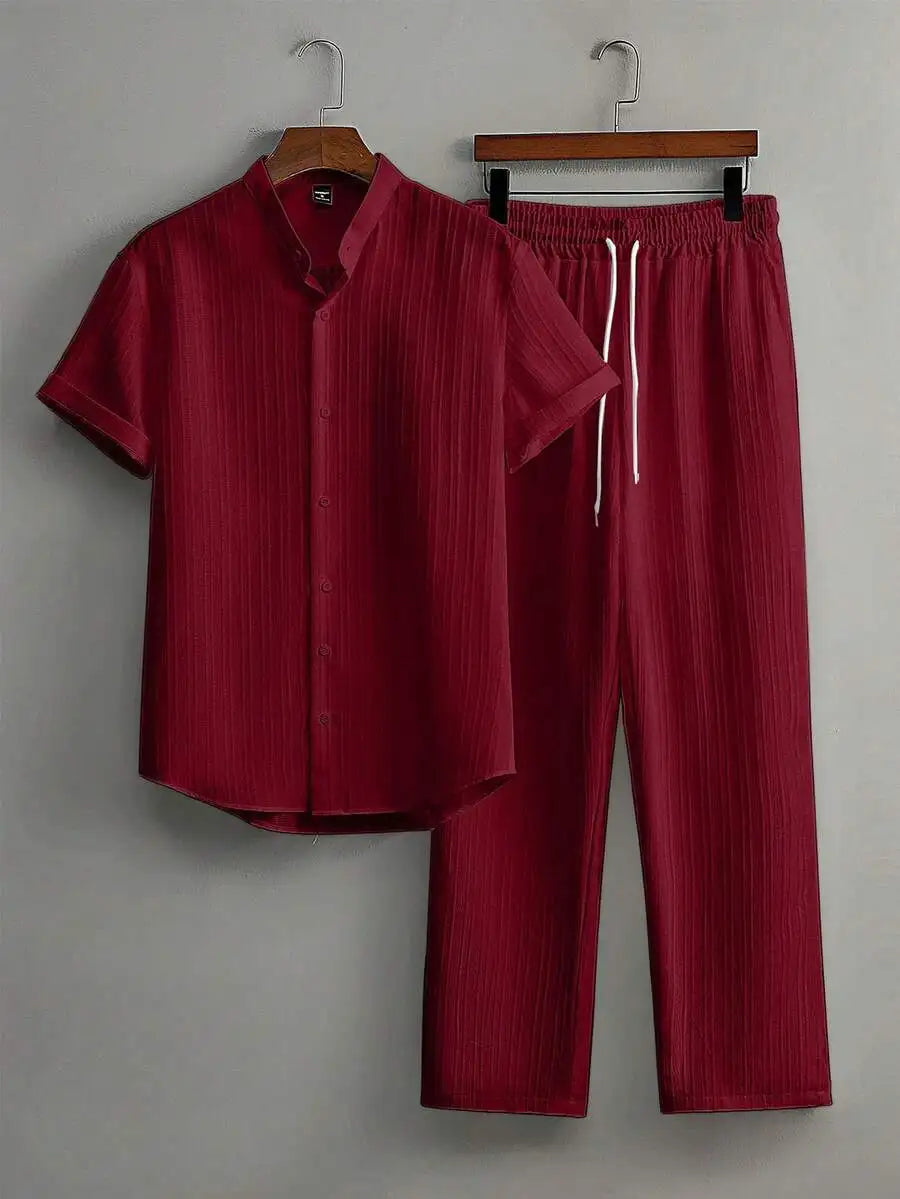 Mens Summer Solid Color Short Sleeve Stand Collar Shirt And Elastic Drawstring Pants Casual Co-ords Set
