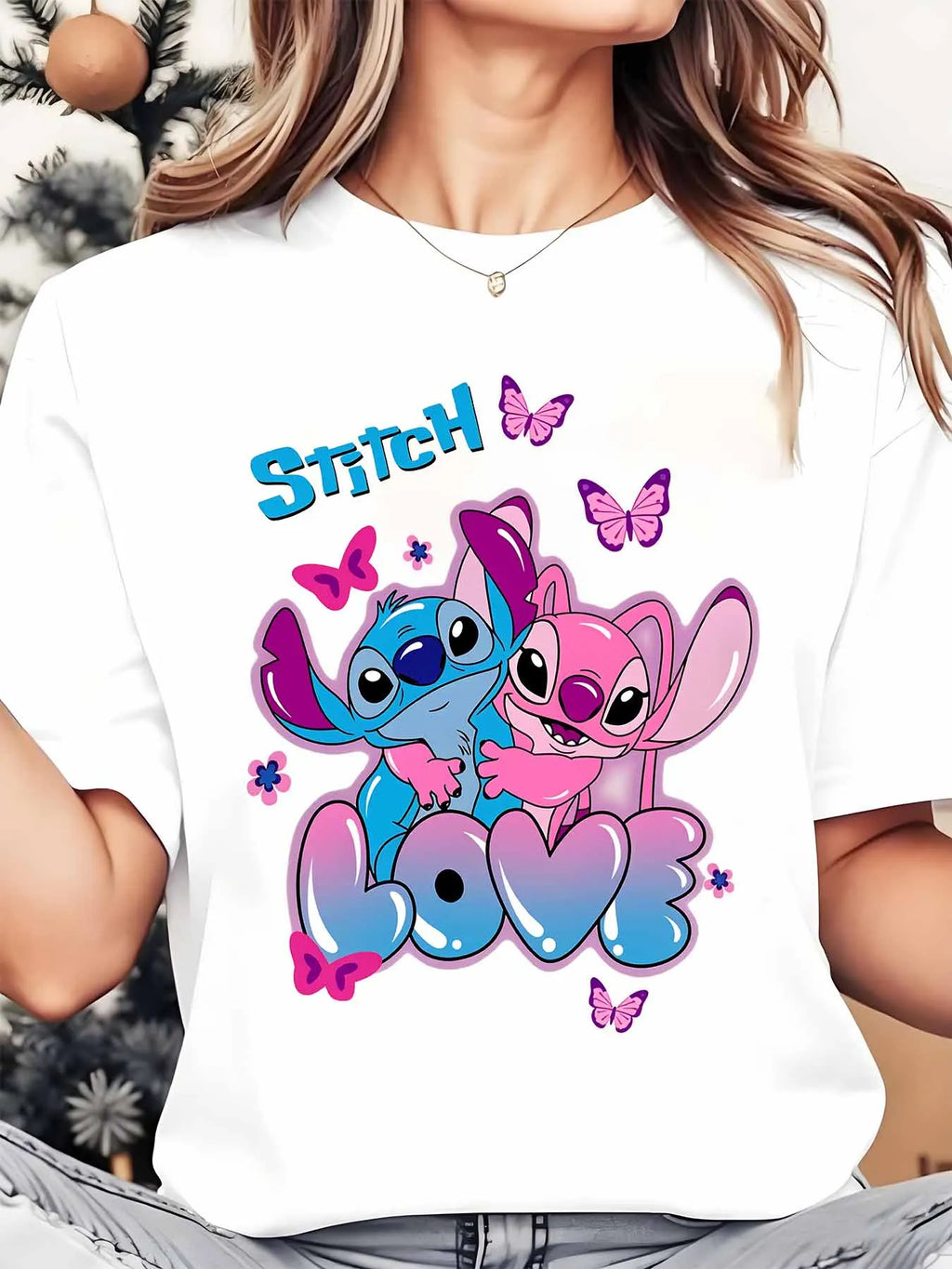 Disney Stitch And Angel Love Butterflies Women's Round Neck Shirt Summer Tops Comfortable Unisex Casual Short Sleeve Tee