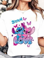 Disney Stitch And Angel Love Butterflies Women's Round Neck Shirt Summer Tops Comfortable Unisex Casual Short Sleeve Tee