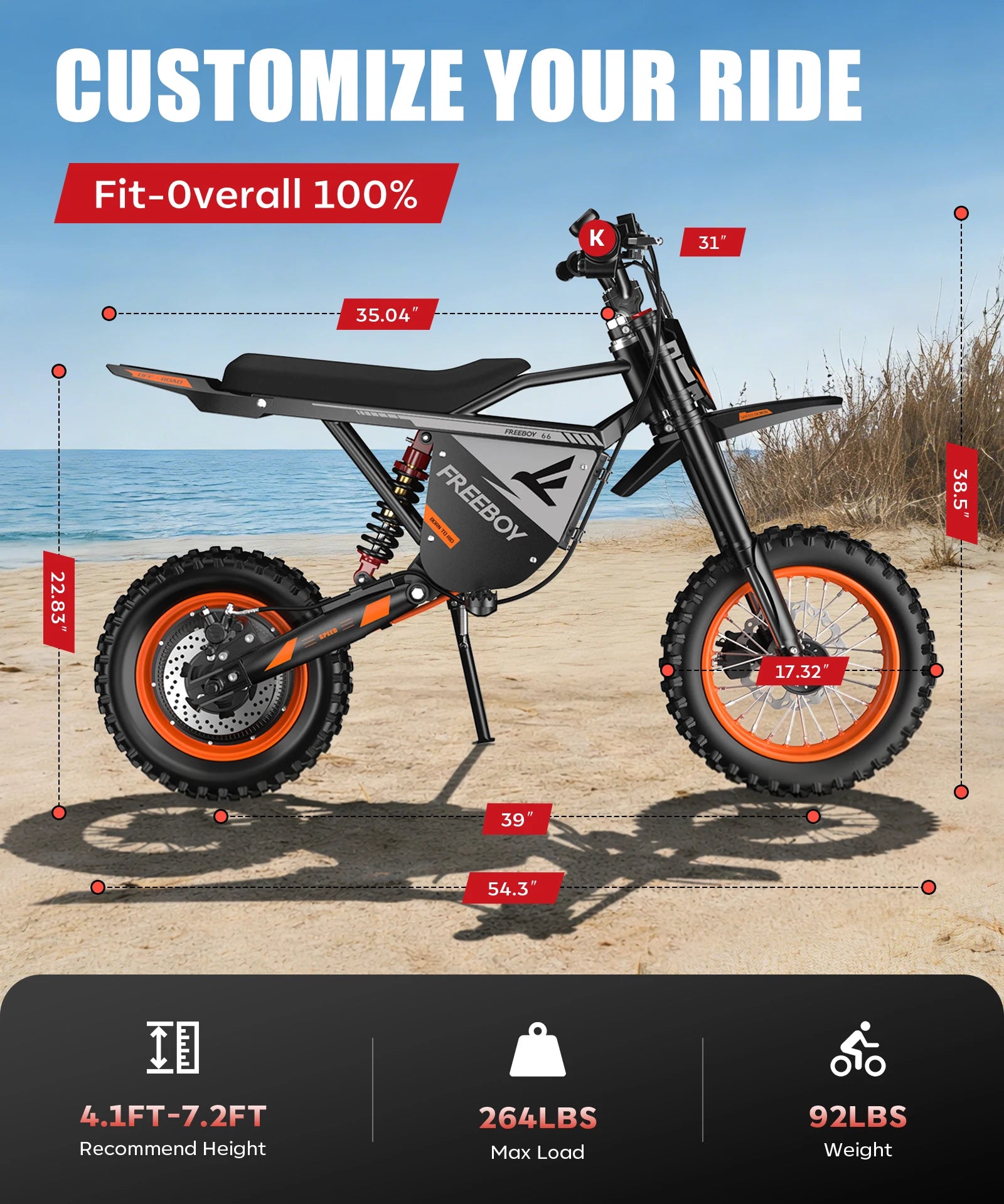 Y66 FREEBOY Adult Electric Dirt Bike 2000W Rear Motor 48V 22.5Ah Battery 34MPH Max Speed 12"+10" All Terrain Fat Tire Off Road Electric Motorcycle Hydraulic Disc Brake Electric Motorbike for Outdoor Mountain Trail Riding