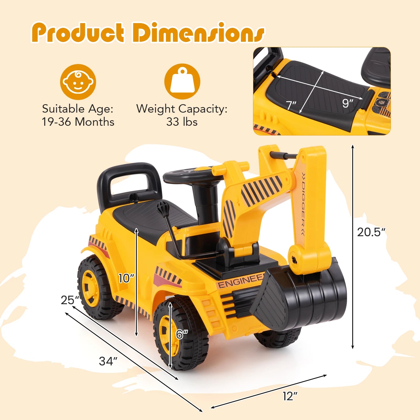 Kids Ride on Excavator with Adjustable Shovel Anti-Tipping Block Engine Sound