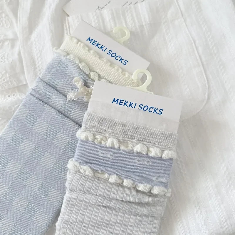 2026 Socks Women Spring Summer Blue Sea Salt Lace Stacking Socks Loose Design Medium Tube Korean Minimalist Cotton Socks