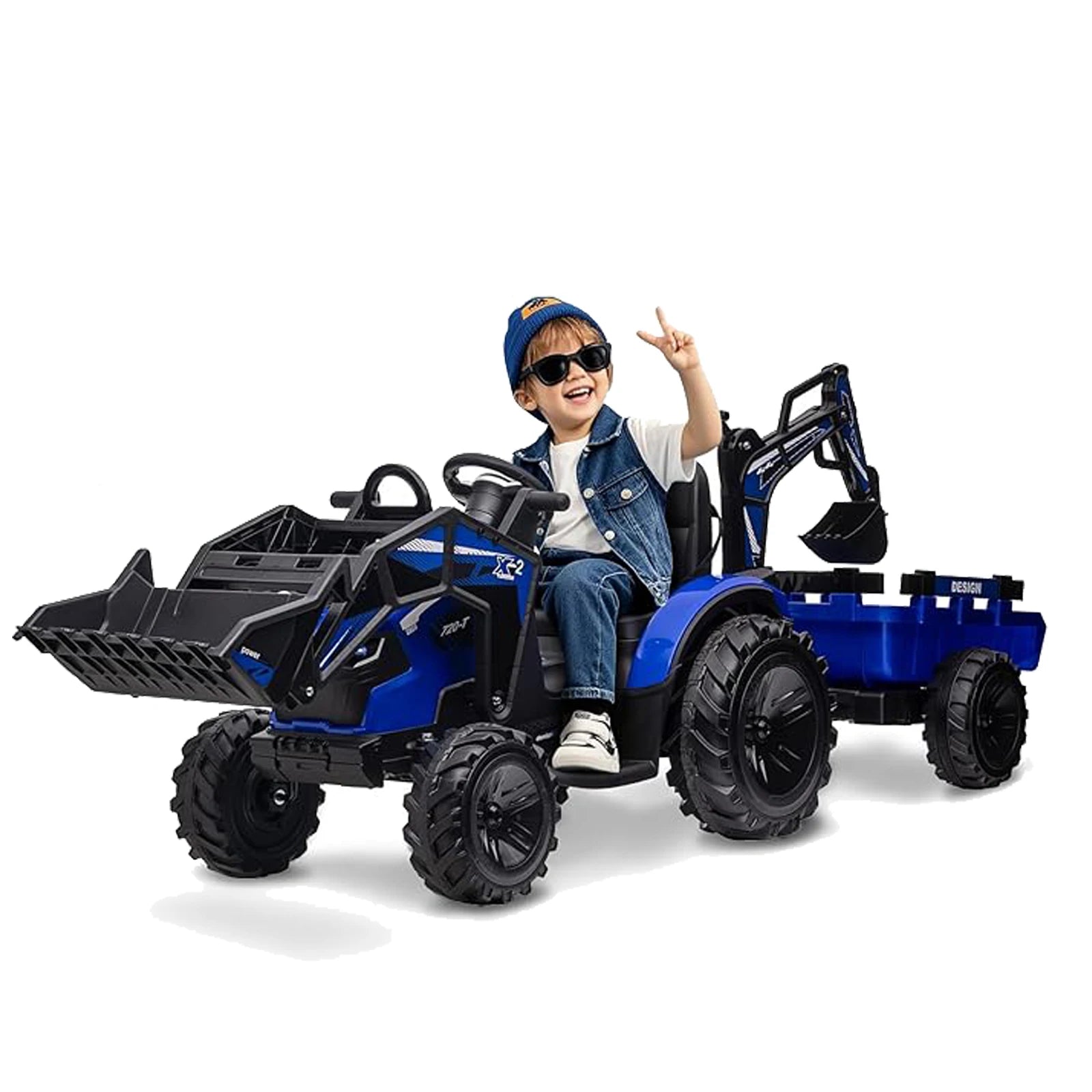 3-in-1 Ride-On Tractor with Excavator and Bulldozer Models — Kids Electric Construction Vehicle with Trailer, Digger, Shovel Bucket, Parent Remote Control, LED Lights, Music & USB, Battery
