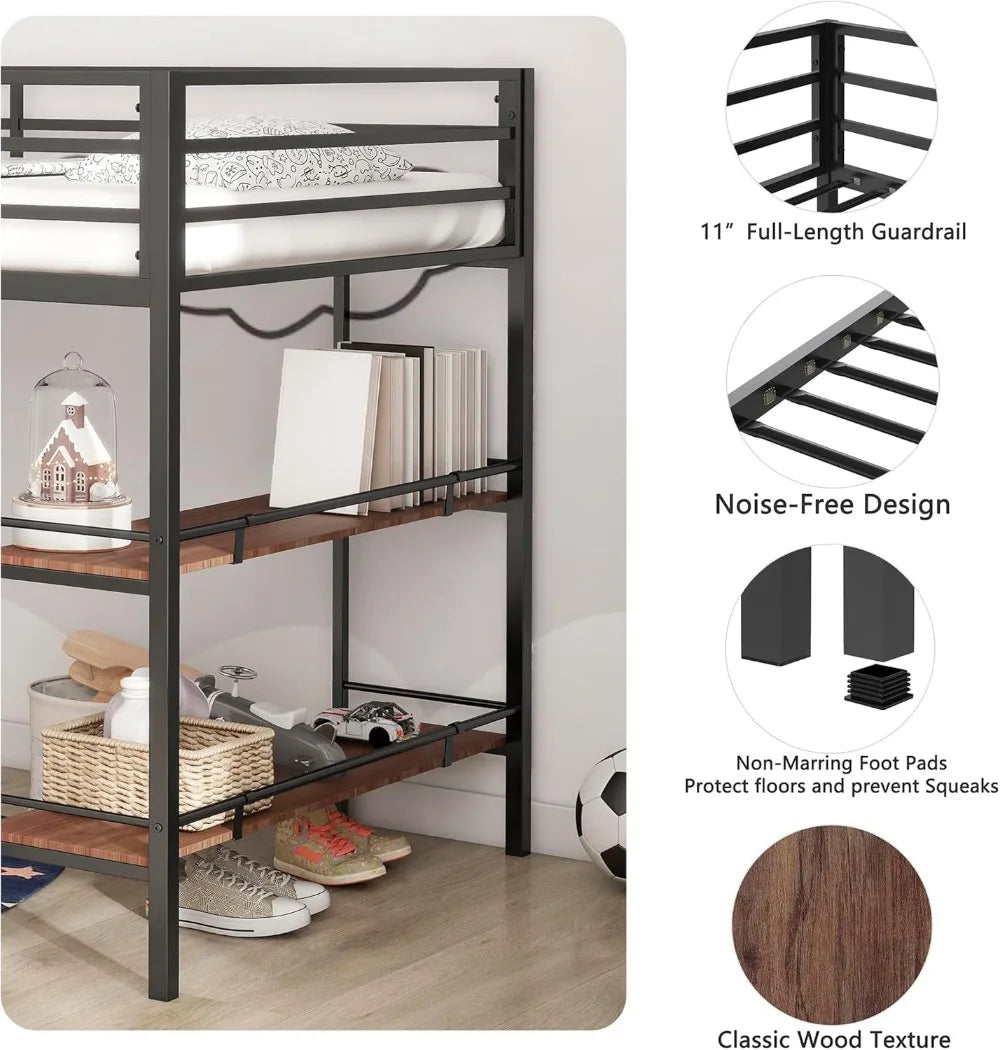 Twin Size Low Loft Bed with Shelf for Kids, Metal Loft Bed Frame, Junior Low Loft Bed