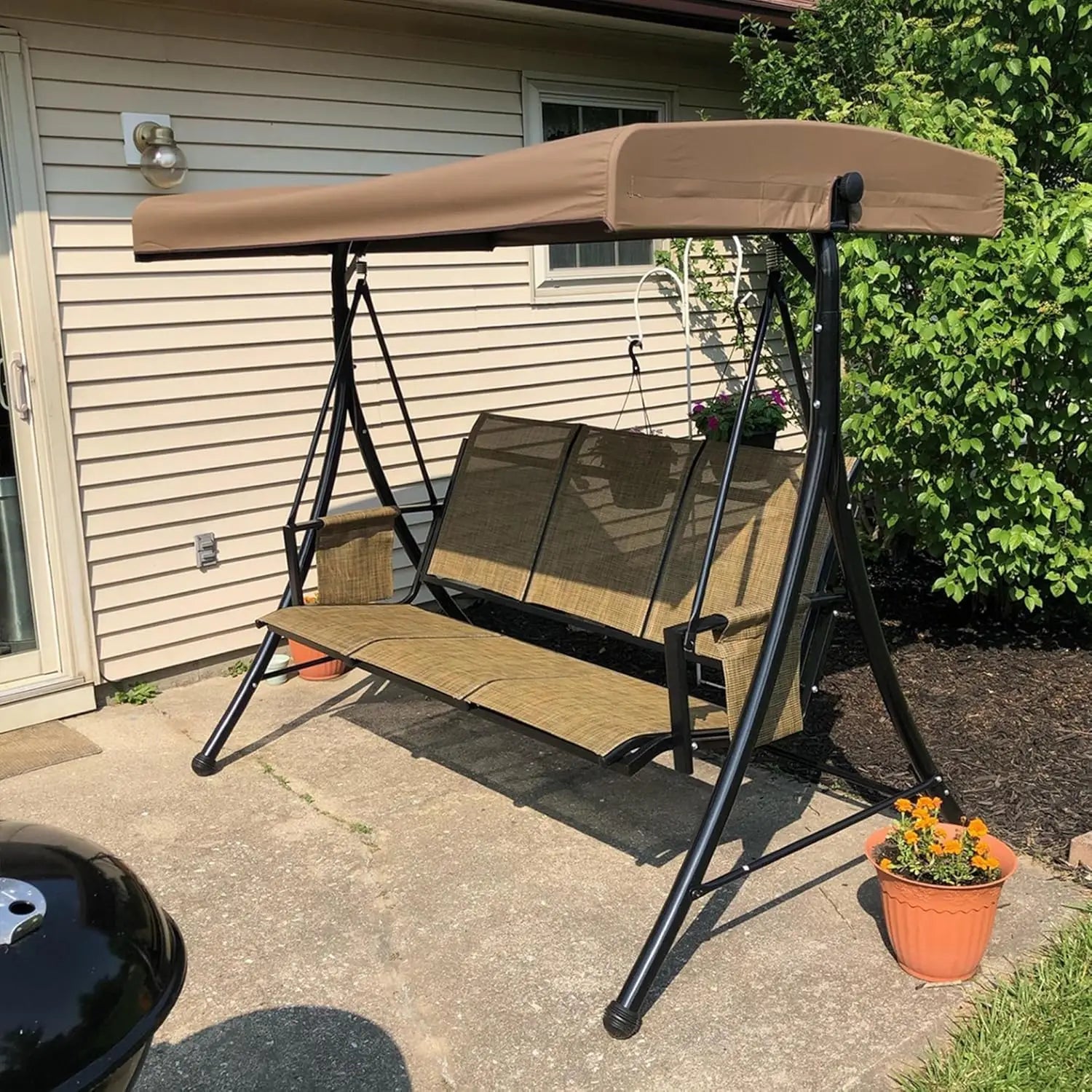 3-Seat Deluxe Outdoor Patio Porch Swing with Weather Resistant Steel Frame, Adjustable Tilt Canopy, Beige