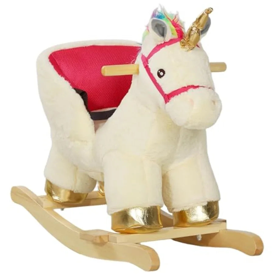 Rocking Horse, Ride on Unicorn with Realistic Sounds, Safety Belt and Wooden Base, Plush Animal Rocker for Toddlers -36 Months,