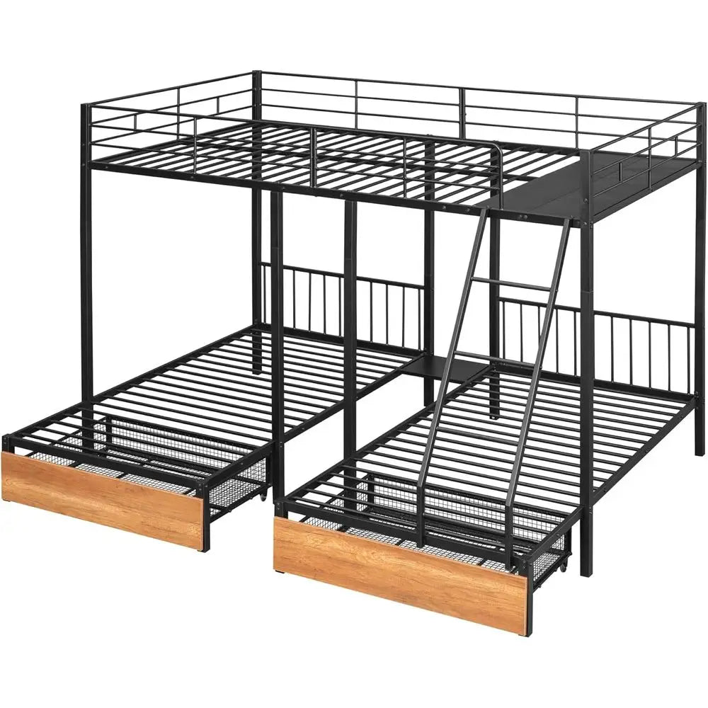 Triple Bunk Bed with Storage, Over Twin Metal Frame, Safety Guardrail & Ladder, Suitable for Kids, Teens, Adults, No Box Spring