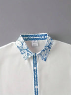 Mens White Hawaiian Shirt With Blue Floral Print Casual Short Sleeve Summer Beach Shirt