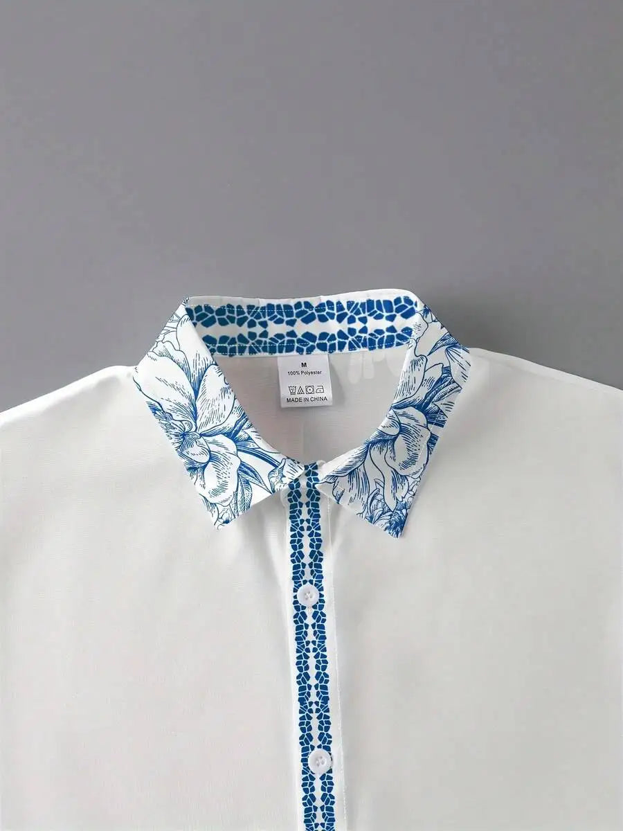 Mens White Hawaiian Shirt With Blue Floral Print Casual Short Sleeve Summer Beach Shirt