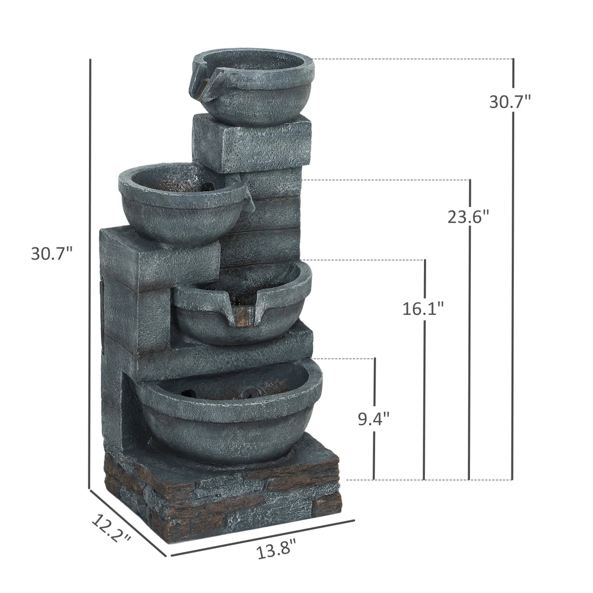 Garden Fountain,Tall Outdoor Waterfall Fountain with LED Lights, 4-Tier Resin Cascading Water Bowls with Pump On-Site