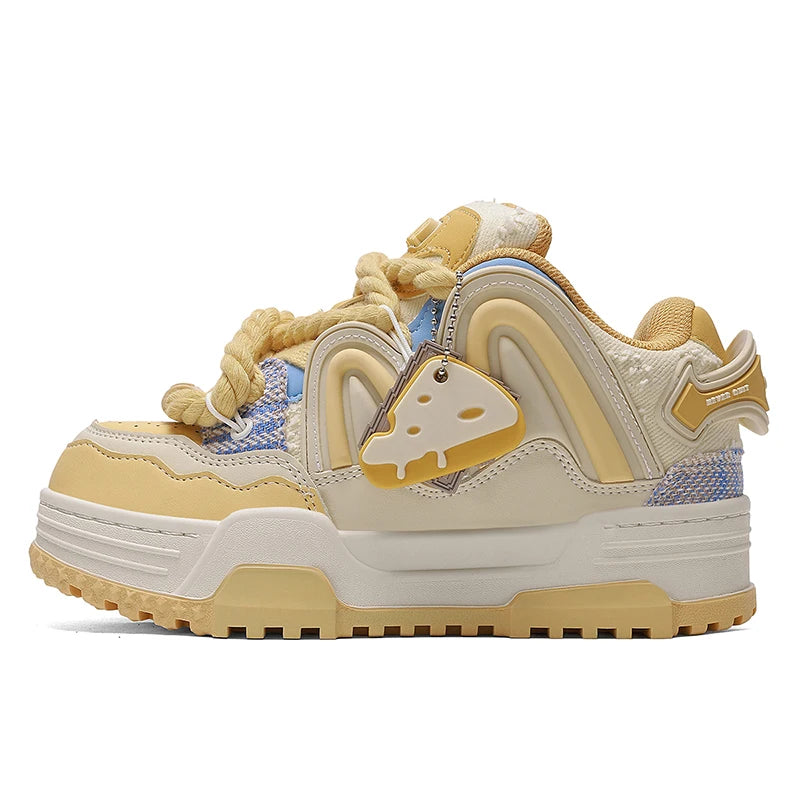 Q-AND Women Kawaii Cheese Yellow Chunky Platform Skate Sneakers with Cheese Pendant, Thick Height Increasing Sole Casual Walking Shoes, Wear Resistant Non Slip Rubber Outsole Cute Streetwear Footwear