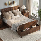 Farmhouse Queen Platform Bed Frame 46" Tall Headboard Solid Wood 2 Storage Drawers LED USB Charging No Box Spring Walnut Custom