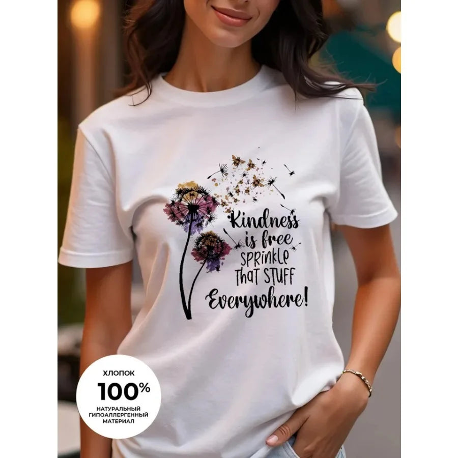 【New Arrival】Dandelion Butterfly Watercolor Print T-Shirt Women's Summer Cotton Casual Top