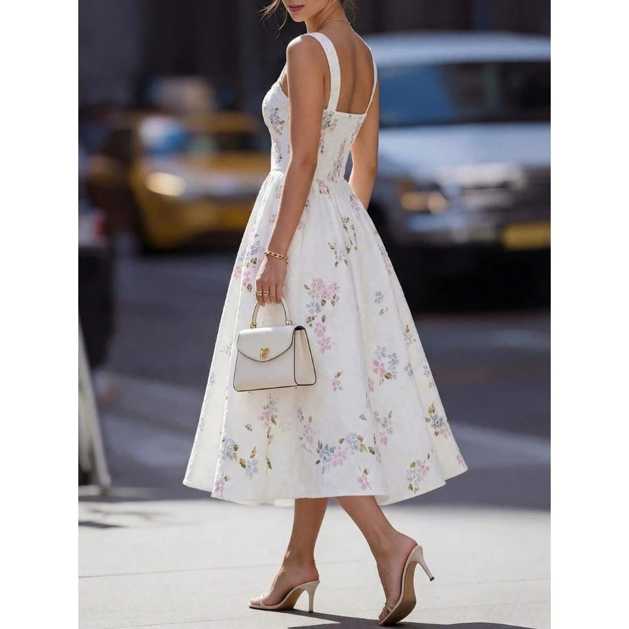 Women's White Floral Ruffle Hem Midi Dress, Square Neck Sleeveless Dress, Sweet Romantic Summer Holiday Dress
