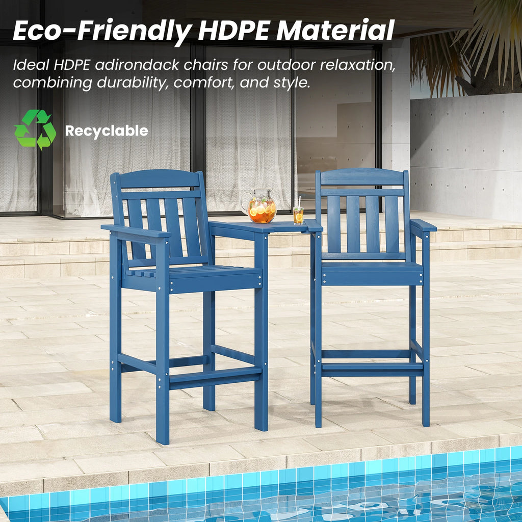 Farini Set of 2 Tall Adirondack Chairs, HDPE Bar Stools with Connecting Tray, All-Weather Patio Chair, Bar Height for Balcony