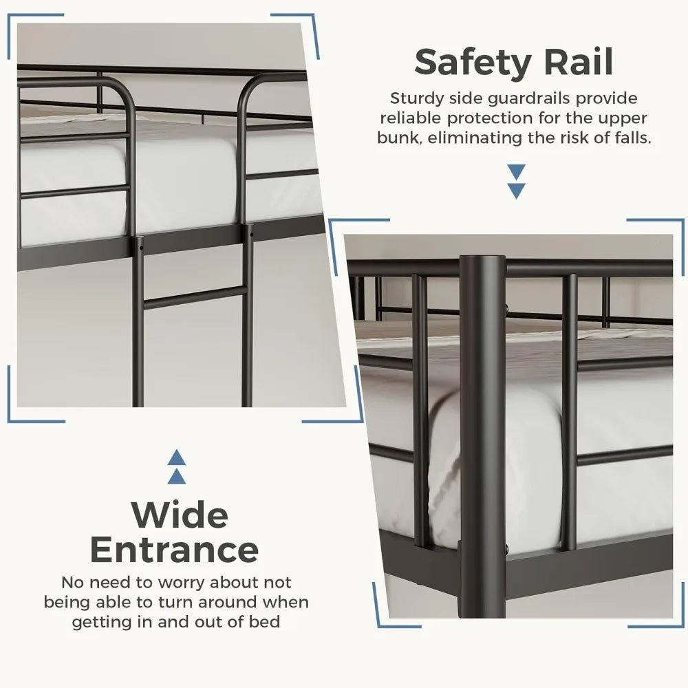 Metal Bunk Bed Frame Twin Over Twin with Ladder, High Guardrail, Heavy-Duty Slats, Under-Bed Storage, Noise-Free
