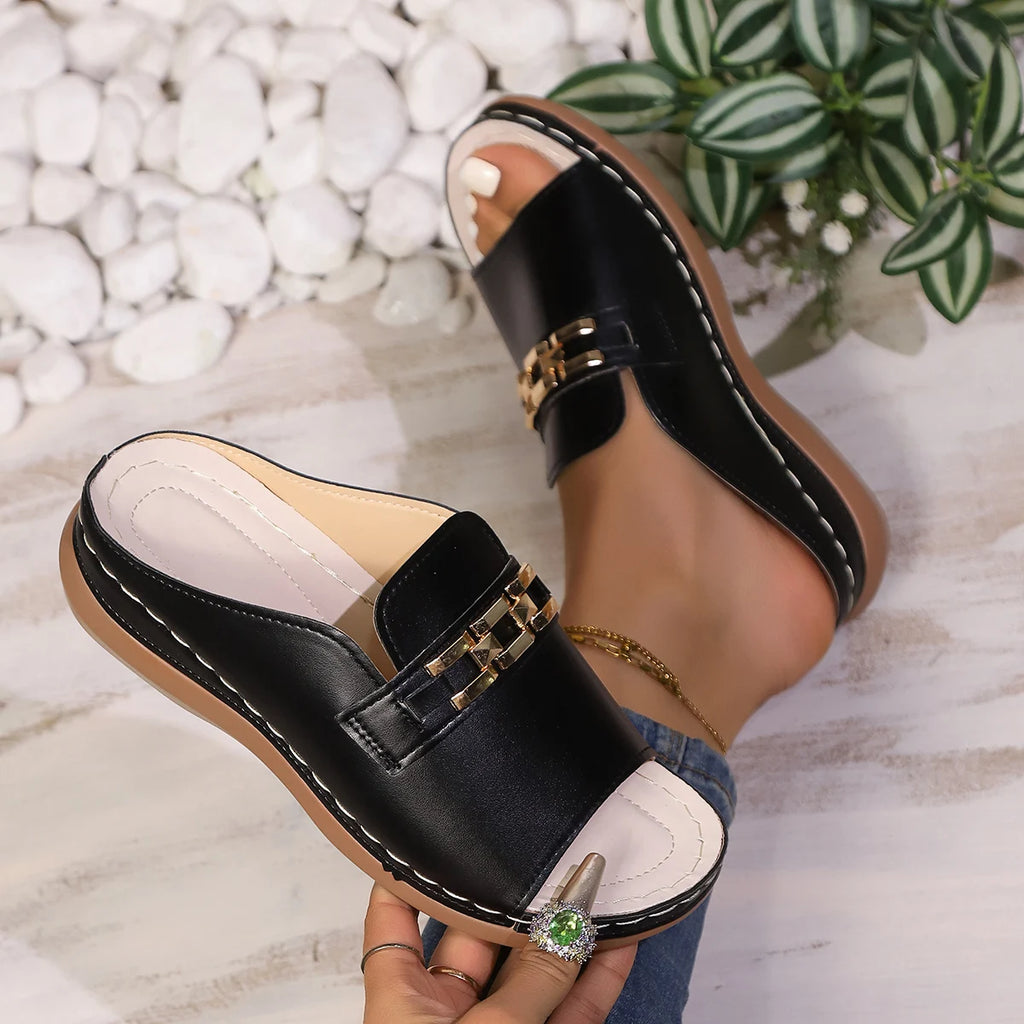 Women'S Chunky Platform Sandals - Slip-On Open-Toe Shoes with Golden-Tone Chain Accent, Non-Slip Wedge Heel, Cushioned Insole -