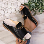 Women'S Chunky Platform Sandals - Slip-On Open-Toe Shoes with Golden-Tone Chain Accent, Non-Slip Wedge Heel, Cushioned Insole -