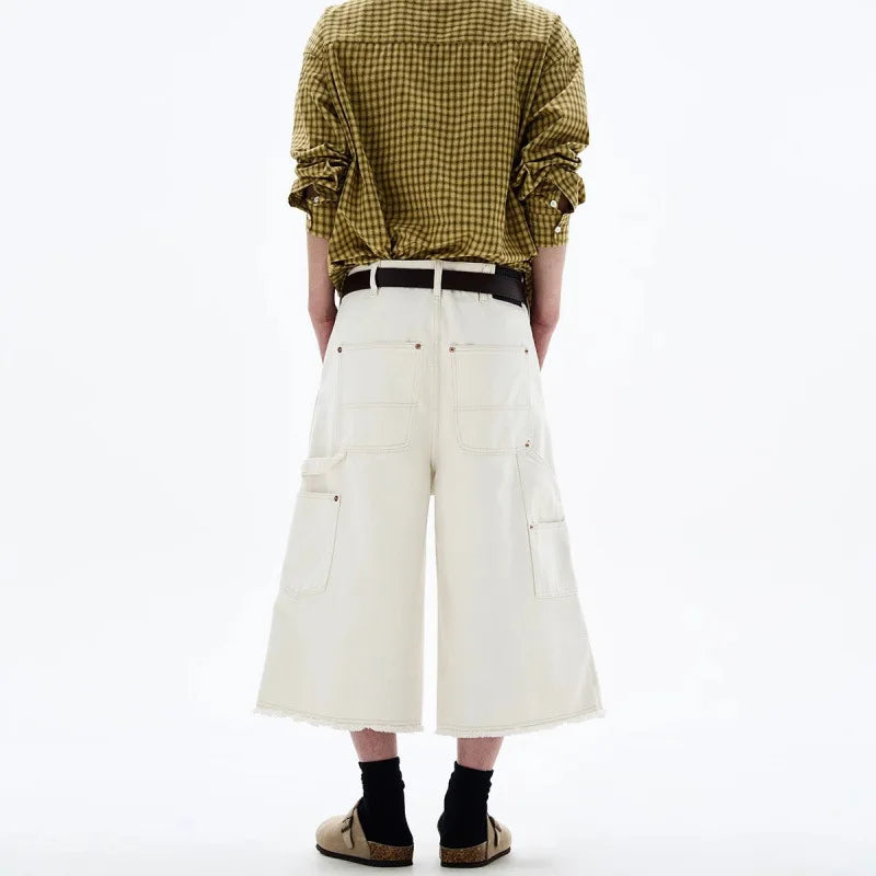 Men's White Baggy Wide Leg Carpenter Denim Jorts Frayed Raw Hem Y2K Street Style Casual Daily Going Out Loose Fit Streetwear Shorts