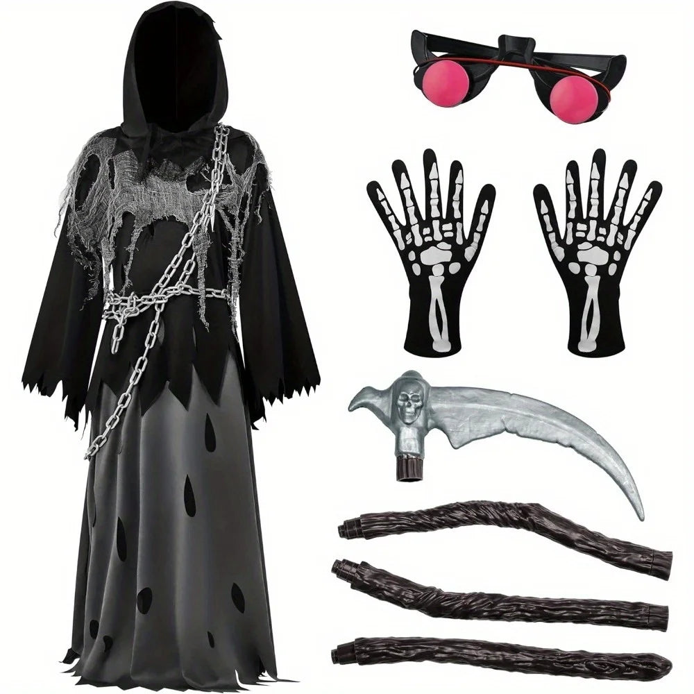Halloween Costume Glowing Eyes Grim Reaper Costume for Kids 5-12 years Boys Halloween Dress-up Party