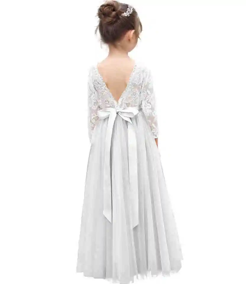 Flower Girl Dresses for Wedding, Silver Tulle White Lace Long Sleeve Backless Gown, Girls Princess Formal Pageant Dress for Toddlers Kids