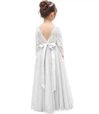 Flower Girl Dresses for Wedding, Silver Tulle White Lace Long Sleeve Backless Gown, Girls Princess Formal Pageant Dress for Toddlers Kids