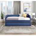 Modern Blue Textured Fabric Daybed with Trundle, Wooden Frame, Ready-to-Assemble