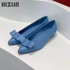 2026 Women's leather loafers, low-heeled moccasins with bows, light ballet flats spring and autumn