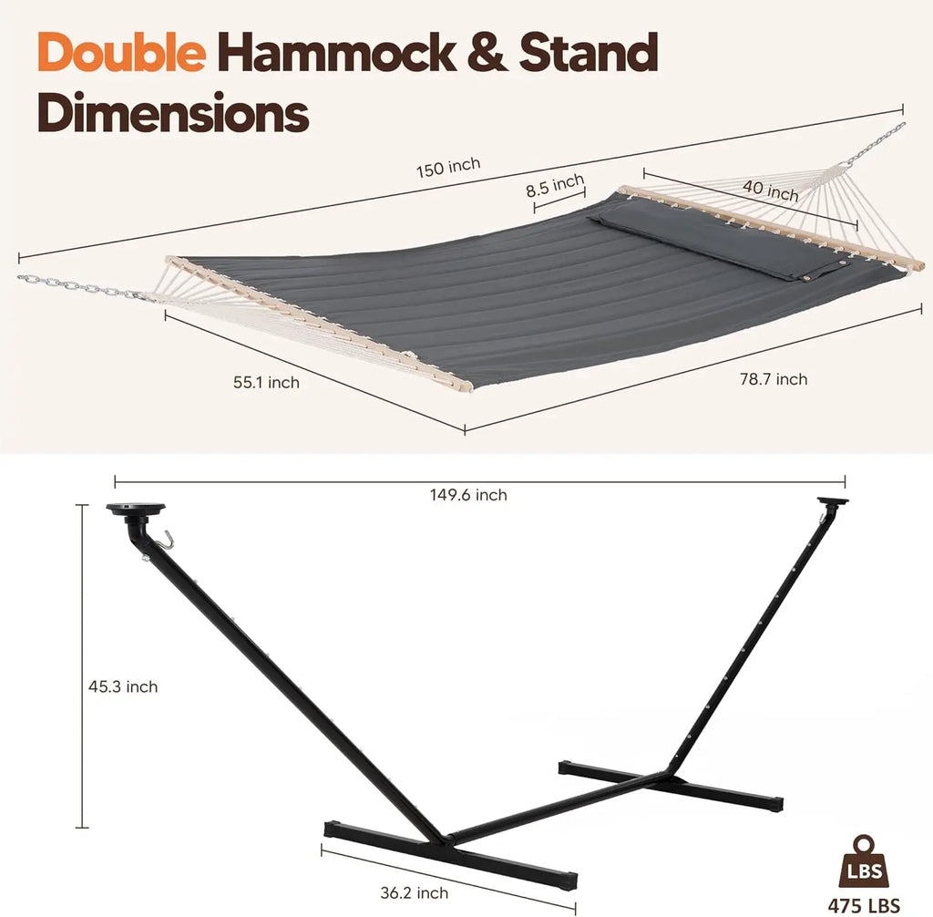 Outdoor Double Hammock with 12 ft Stand and Solar Powered Lights in Dark Gray