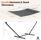 Outdoor Double Hammock with 12 ft Stand and Solar Powered Lights in Dark Gray