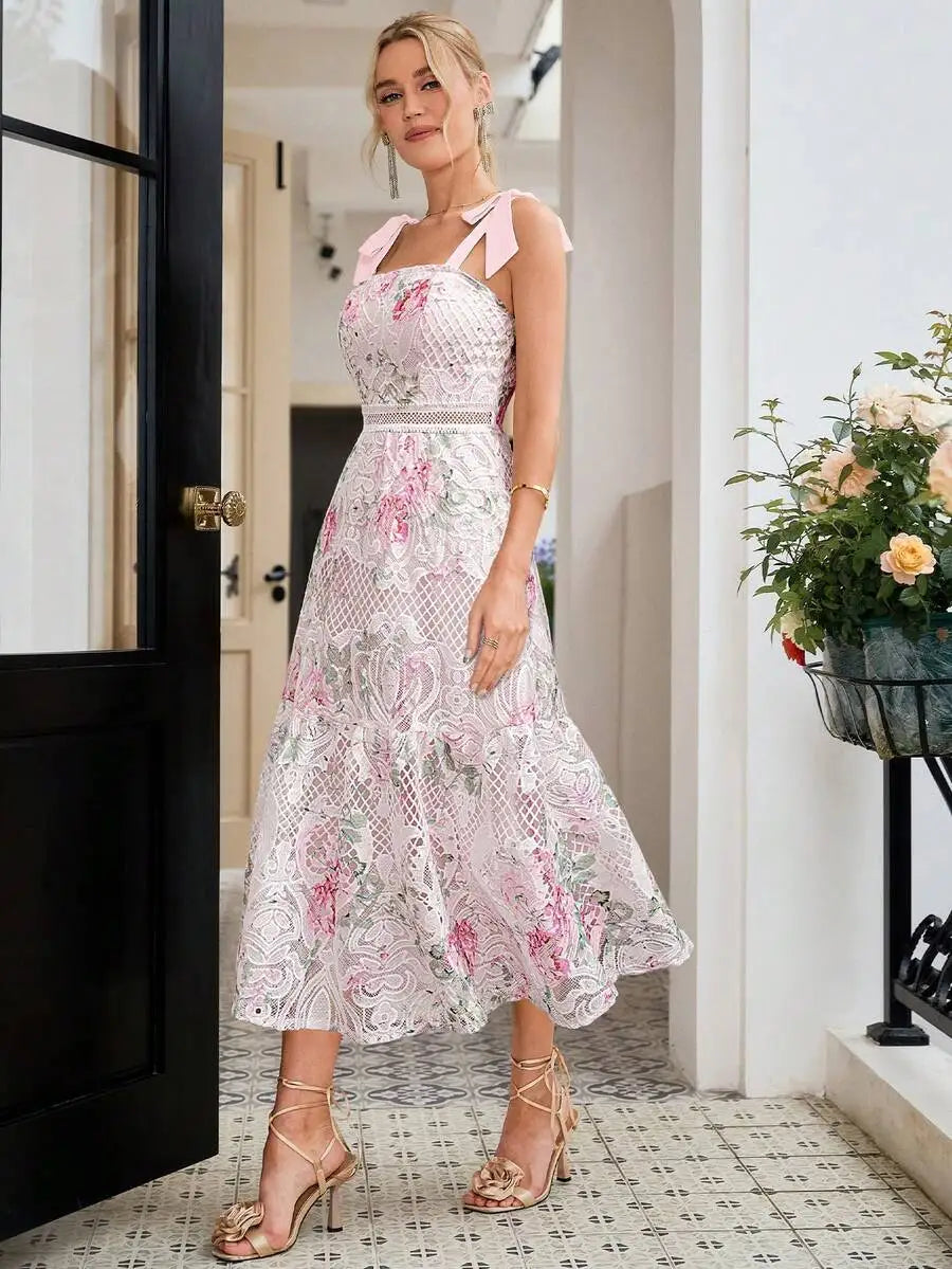 Womens Summer Lace Floral Print Spaghetti Strap Elegant Midi Dress For Party Wedding Guest