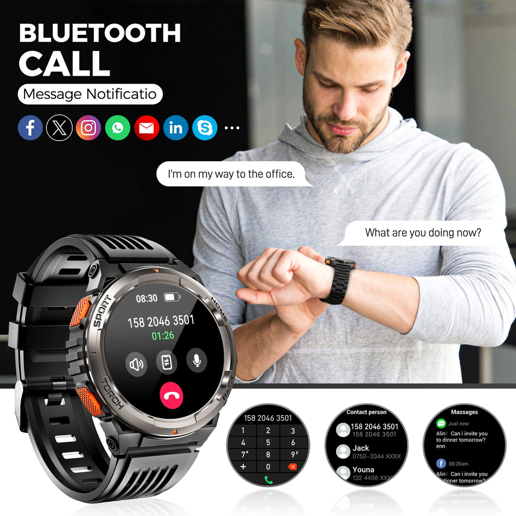 EIGIIS KE5 3ATM Waterproof Smart Watch for Men with LED Flashlight 1.45'' HD Rugged Smartwatch with 530mAh Big Battery