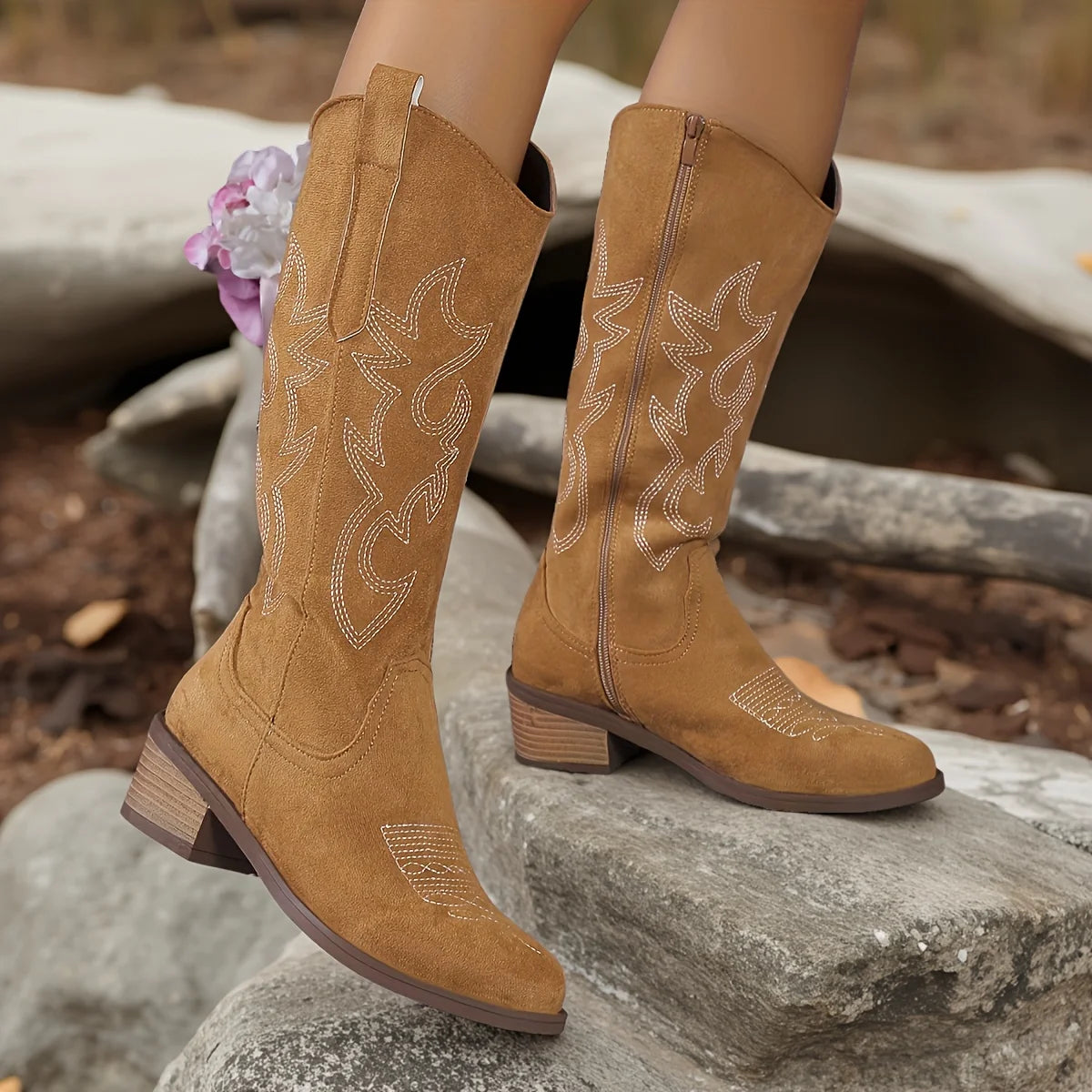 Western Cowboy Boots for Women - Knee High Wide Calf Cowgirl Boots with Classic Embroidered, Suede denim boots,Slip On Pointed T
