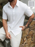 Mens White Short Sleeve Textured Casual Shirt With Turn-Down Collar
