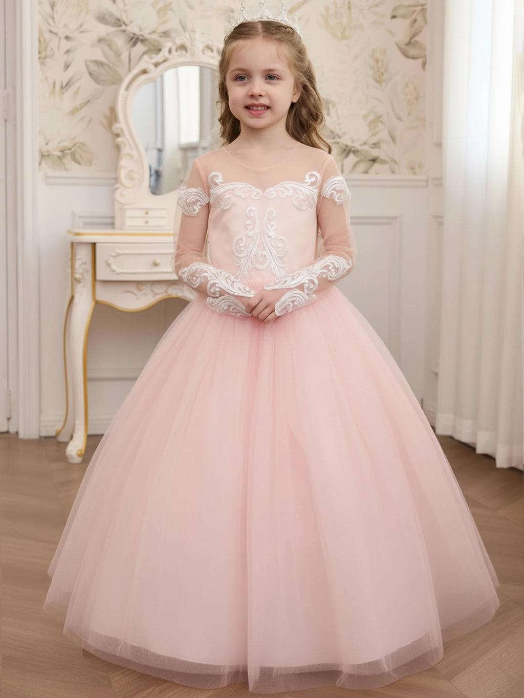 Junior Bridesmaid Dress for Girls, Pink Tulle Lace Backless Formal Gown, Elegant Wedding Party Outfit with Pearl Detail