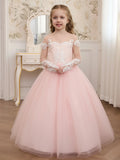 Junior Bridesmaid Dress for Girls, Pink Tulle Lace Backless Formal Gown, Elegant Wedding Party Outfit with Pearl Detail