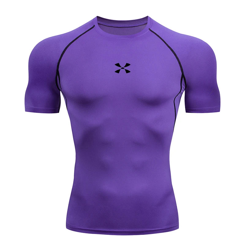 Summer Men Athletic Compression Short Sleeve Running T Shirt Elastic Polyester Quick Dry Gym Workout Fitness Top