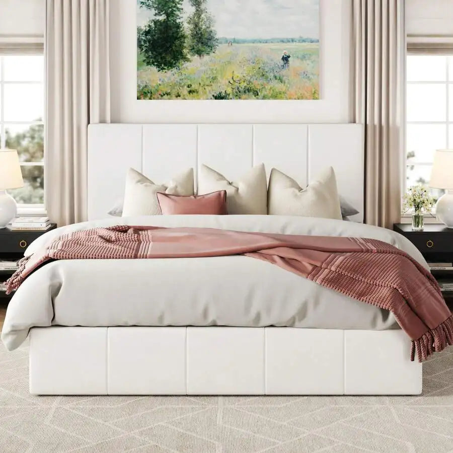 Full/Queen/King Size Velvet Lift Up Storage Bed Frame, Vertical Channel Tufted Headboard, Hydrualic Underneath Storage, Upholstered Platform Bed, Wooden Slats Support, No Box Spring Needed, White
