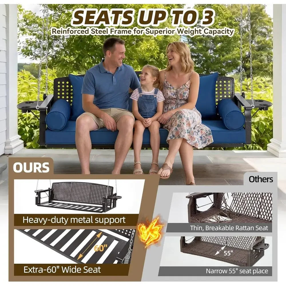 60-Inch Blue 3-Seat Porch Swing with Cup Holders and Cushions for Patio or Garden