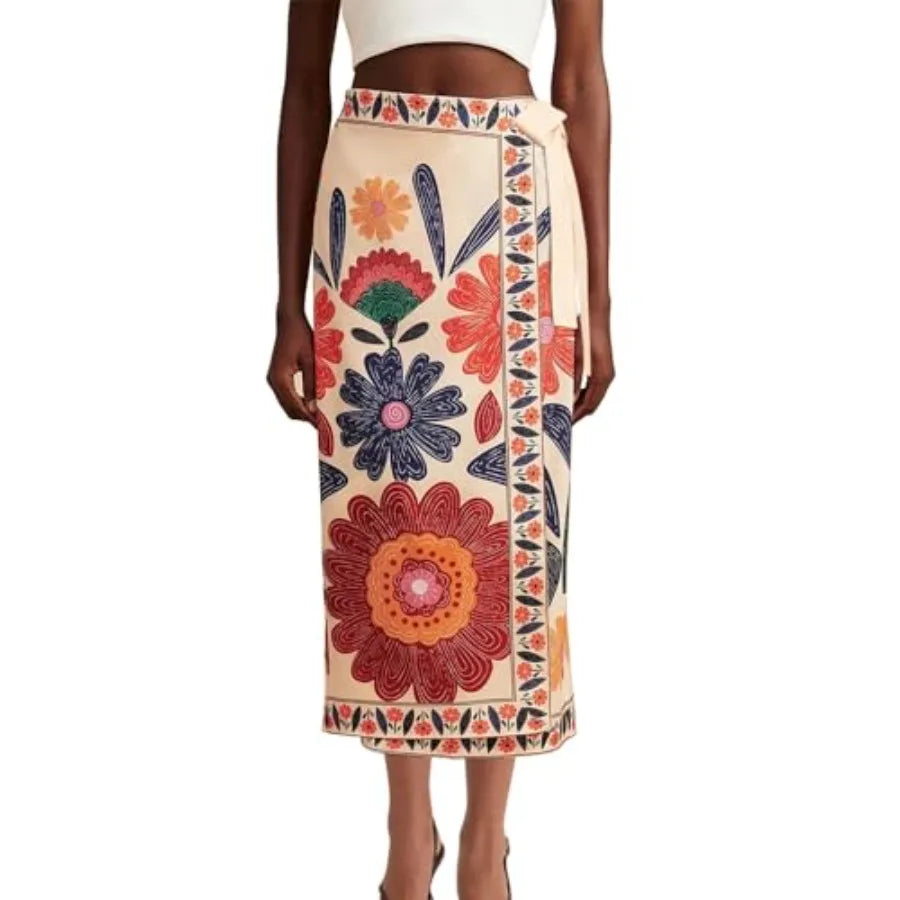 Womens Floral Wrap Midi Skirt Summer Adjustable Tie Side Casual High Waist A Line Beach Boho Long Fla Skirts